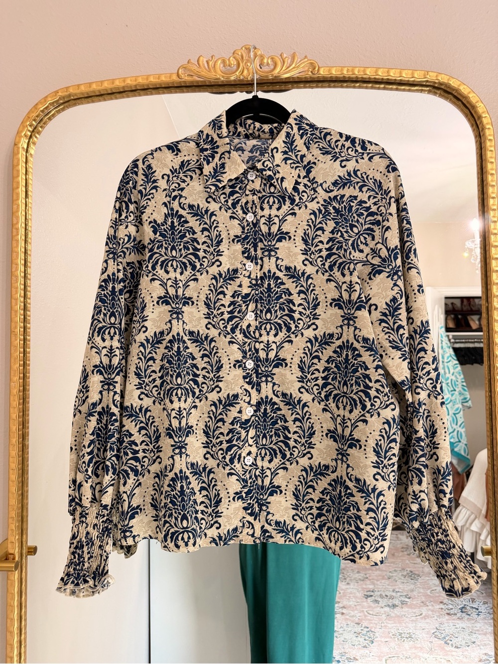 SHEIN Cream and Navy Floral Print Button-Up Blouse